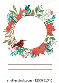 Merry Christmas and Happy New Year template card with floral wreath. Editable vector illustration
