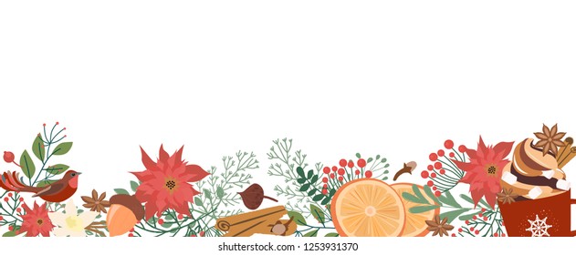 Merry Christmas and Happy New Year template banner with christmas floral, spices and bird. Editable vector illustration