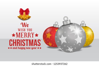 Merry Christmas and happy new year banner greeting card template with 3D bauble decoration on the floor. Vector illustration