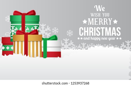 Merry Christmas and happy new year banner greeting card template with gift box present on the snow. Vector illustration