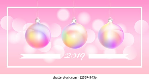 Merry Christmas and Happy New Year greeting card of colorful holographic bauble ornament, modern neon foil color gradients. Holiday night illustration in futuristic glow style. Merry and bright phrase