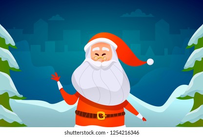 Merry Christmas and Happy New Year cards with a cute cartoon Santa Claus. Winter background.