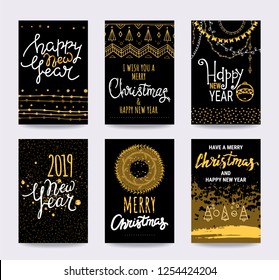 Merry Christmas, Happy New Year, winter holidays greeting cards. Design templates with gold glittering texture, hand drawn illustrations and ornaments. Golden seamless pattern swatch is in EPS file.