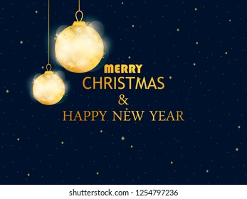 Merry Christmas and Happy New Year. Golden christmas balls on black background. Gold gradient. Greeting card design template. Vector illustration
