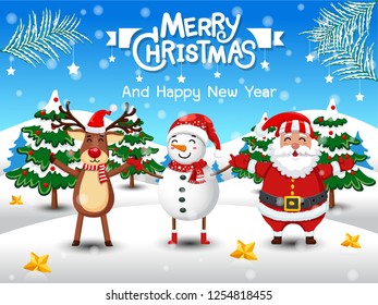 Merry Christmas and Happy New Year. Cute Snowman, Reindeer, santa claus in Christmas snow scene winter landscape. decorative element on holiday. Vector illustration.