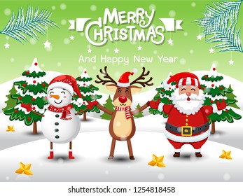 Merry Christmas and Happy New Year. Cute Snowman, Reindeer, santa claus in Christmas snow scene winter landscape. decorative element on holiday. Vector illustration.