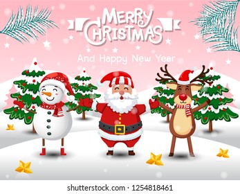 Merry Christmas and Happy New Year. Cute Snowman, Reindeer, santa claus in Christmas snow scene winter landscape. decorative element on holiday. Vector illustration.