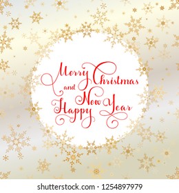 Merry Christmas and Happy New Year red lettering with golden ornaments and wreath decoration of sparkling snowflakes. Merry Christmas calligraphic greeting holiday card.