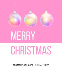 Merry Christmas and Happy New Year greeting card of colorful holographic bauble ornament, modern neon foil color gradients. Holiday night illustration in futuristic glow style.