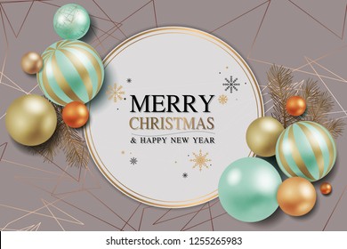 Merry Christmas and Happy New Year Border, Luxury Chrismas Greeting Card with Decorative Ball, Vector Illustration