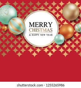 Merry Christmas and Happy New Year Square Border, Luxury Chrismas Greeting Card with Decorative Ball, Gold Red Backgroud Vector Illustration