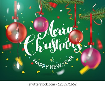 Merry Christmas and Happy New Year greeting card with confetti and color baubles. 
Vector illustration