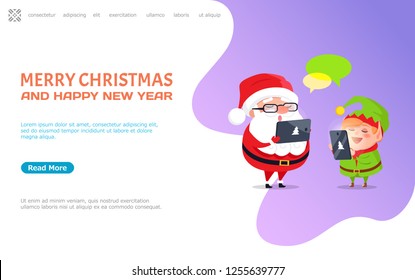 Merry Christmas and happy New Year, Santa Claus and Elf getting messages from children with wishes. Cartoon character Father frost and dwarf little helper, vector