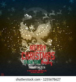 Merry Christmas and Happy New Year. Illustration with Phoenix, Happy New Year wish and Santa Claus on the glitter night sky coming to City, paper art and digital craft style. Vector EPS 10