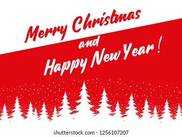 Merry christmas and happy new year. Red background with Christmas trees and holiday greetings.