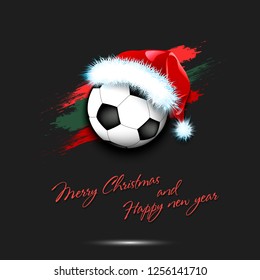 Merry Christmas and Happy new year. New year and soccer ball in santa hat on isolated black background. Design pattern for greeting card. Vector illustration