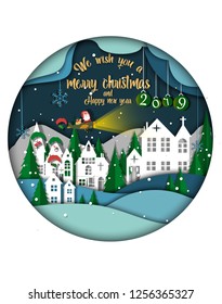Merry Christmas and Happy New Year. Illustration of Santa Claus a plane on the sky, paper art and digital craft style, Christmas background copy space for text or messages for the New Year 2019.