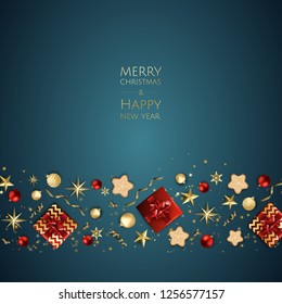 Merry Christmas and Happy New Year. Xmas background with gift box, Snowflakes and balls design.