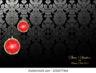 Merry Christmas and a Happy New Year background decorated with golden Christmas red bulbs and luxury floral damask background with gold lettering 