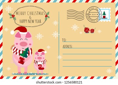 Merry christmas and happy new year card cute elf pig, piglet,mistletoe wreath,gift,christmas tree,red christmas ball with star and snowflake,vintage color,retro style color background.