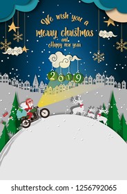 Merry Christmas and Happy New Year. Illustration of Santa Claus ride motorcycle on the snow, paper art and digital craft style, Christmas background copy space for text or messages for the New Year.