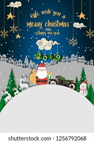 Merry Christmas and Happy New Year. Illustration of Santa Claus on snow, paper art and digital craft style, Christmas background copy space for text or messages for the New Year 2019.