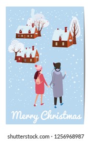 Merry Christmas and Happy New Year, card template with people characters, men and women in winter clothes, trend retro cartoon to style vector, illustration, isolated, banner, template