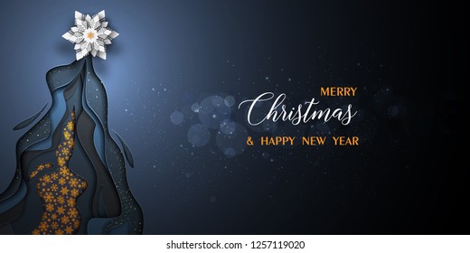 Merry christmas and Happy New Year 2021 vector black and gold design. Paper art and craft style. 