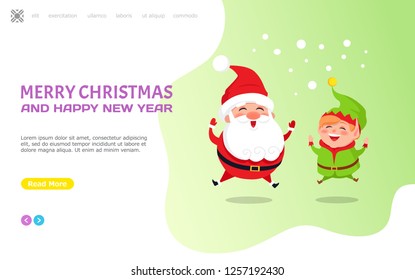 Merry Christmas and happy New Year greeting card, Santa Claus and Elf jumping on snow. Cartoon characters Father frost and little helper on snowy ground, vector