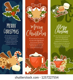Merry Christmas and happy New Year symbolic images vector cup with hot beverage and cinnamon sticks aromatic species cookies made of gingerbread and mistletoe plant with marshmallow melting.