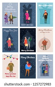 Merry Christmas and Happy New Year, card template with people characters, men and women in winter clothes, trend retro cartoon to style vector, illustration, isolated, banner, template