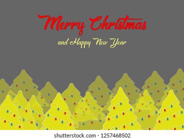 Merry Christmas and Happy New Year cartoon text and xmas trees on grey background. Vector Illustration EPS 10
