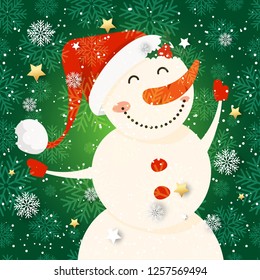 Merry Christmas and Happy New Year winter holidays greeting card with cartoon elements. Vector illustration