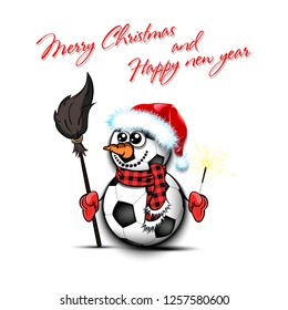 Merry Christmas and happy new year. Snowman from soccer balls on an isolated background. Pattern for banner, poster, greeting card, party invitation. Vector illustration