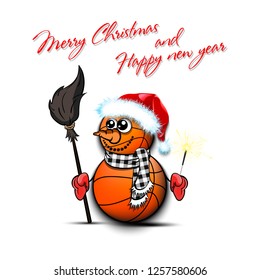 Merry Christmas and happy new year. Snowman from basketball balls on an isolated background. Pattern for banner, poster, greeting card, party invitation. Vector illustration