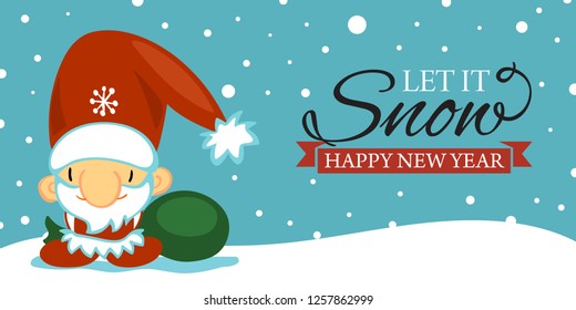 Merry Christmas and Happy New Year post card with cute Santa Clause in cartoon style on blue background with falling snow