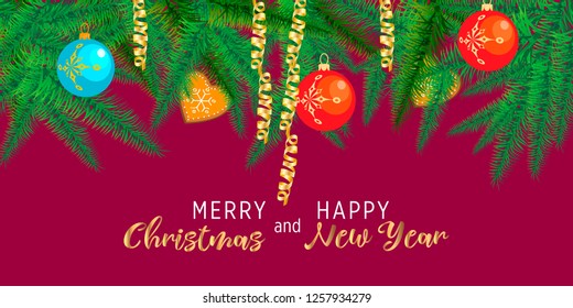 Merry Christmas and Happy New Year concept. Christmas decoration with tree branches vector illustration. 