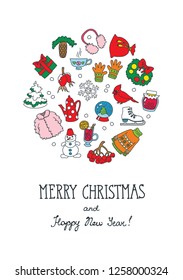 Merry Christmas and Happy New Year! Christmas card with winter elements: snowman, christmas tree, gift, snowflake, sweater, etc. Doodle illustration. Vector 8 EPS