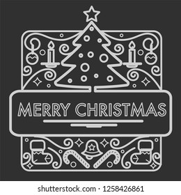Merry Christmas and happy new year greeting vector. Sketch with symbols of winter holidays, snowflakes and branch of fir, wind and cold weather. Pine tree with toys, stars and balls decoration