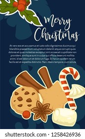 Merry Christmas and happy New Year symbolic images vector cup with hot beverage and cinnamon sticks aromatic species cookies made of gingerbread and mistletoe plant with marshmallow melting.