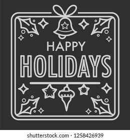 Merry Christmas and happy new year greeting vector. Sketch with symbols of winter holidays, snowflakes and branch of fir, wind and cold weather. Pine tree with toys, stars and balls decoration