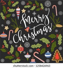 Merry Christmas happy New Year, mistletoe greeting card vector. Poster with greeting text and symbolic winter holiday plant with leaves and red berries. Foliage and frondage of vegetation
