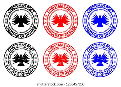 Merry Christmas and happy new year, Kingdom of heaven, Christmas Post,  rubber stamp, sticker, vector, black, red, blue,