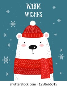 Merry Christmas and Happy New Year card with bear and snowflakes on white background. Template for greeting, winter holiday cards, posters, banners and covers.