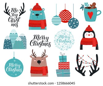 Merry Christmas and Happy New Year sticker collection on white background. Template for greeting, winter holiday cards, posters, banners and covers.