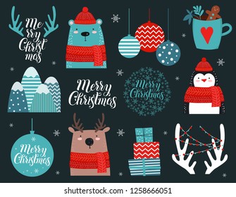 Merry Christmas and Happy New Year sticker collection on dark background. Template for greeting, winter holiday cards, posters, banners and covers.