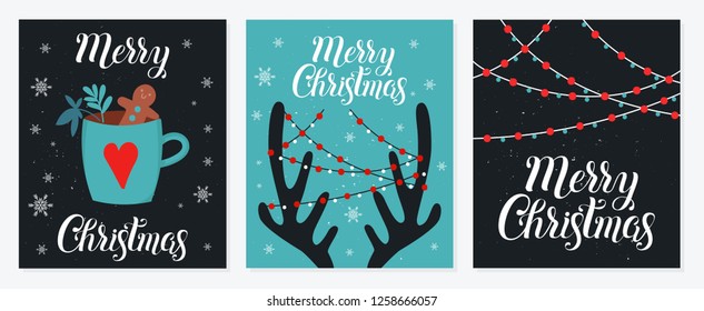 Merry Christmas and Happy New Year postcard collection on dark background. Template for greeting, winter holiday cards, posters, banners and covers.
