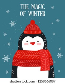 Merry Christmas and Happy New Year card with penguin and snowflakes on white background. Template for greeting, winter holiday cards, posters, banners and covers.
