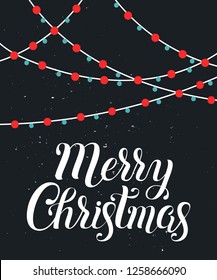Merry Christmas and Happy New Year card with garland and lettering on dark background. Template for greeting, winter holiday cards, posters, banners and covers.