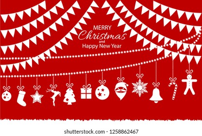 Merry Christmas and Happy New Year design for greeting cards and poster. Symbols of the Christmas Ball, Reindeer, Snowflake, Bell, Santa's, Socks, Dolls, Candy, Stars, Gifts. Vector on red backgroun